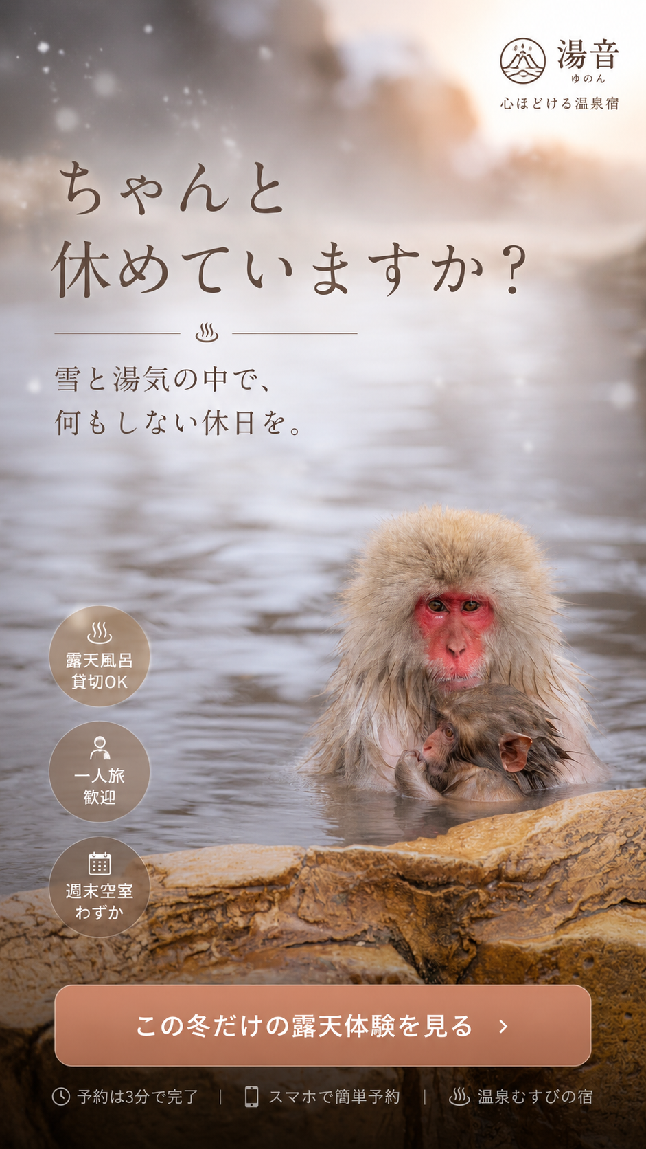 雪と湯気の中で温泉につかる猿を使った、温泉宿の広告デザイン